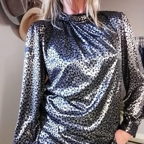 Lauren Lee Tops - Vintage Blouse Black silver Metallic High Neck